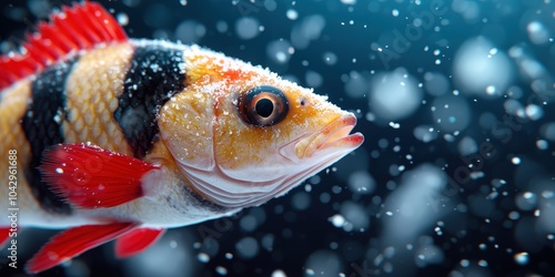 Colorful Fish with Red Fins Swimming in Water with Bubbles photo