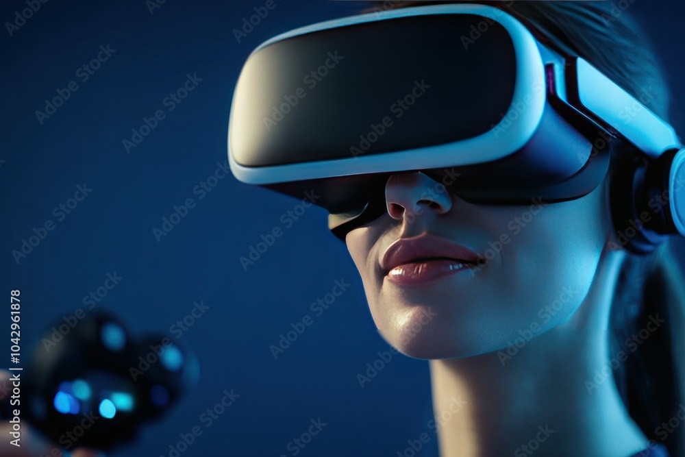 A woman wearing a VR headset, engaging in a virtual reality experience. A woman wearing a VR headset, engaging in a virtual reality experience.