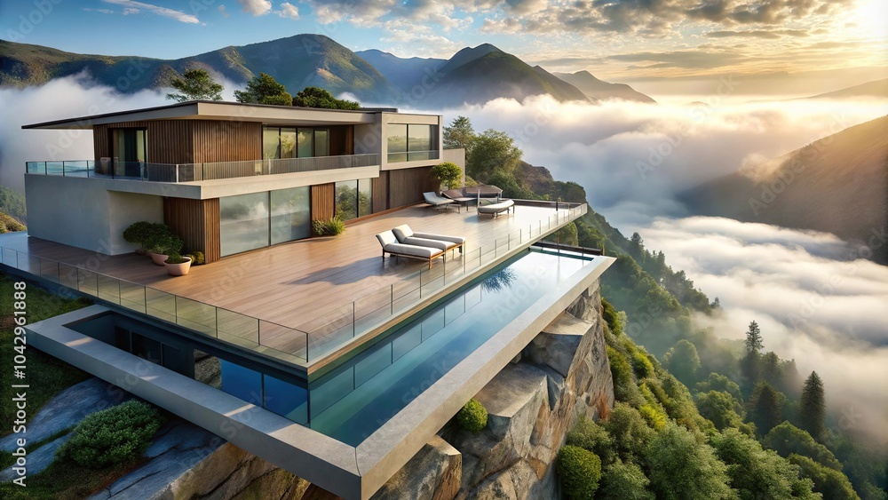 Fototapeta premium Luxurious modern cliffside villa with infinity pool overlooking foggy mountain valley