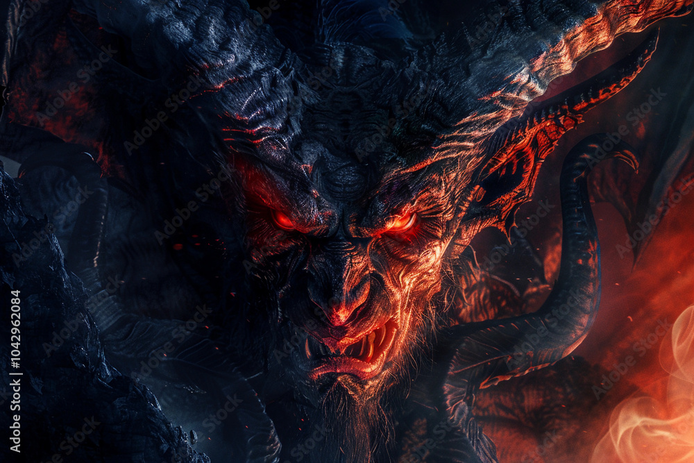 Fototapeta premium Scary sinister devil is in hell with dramatic fire lighting