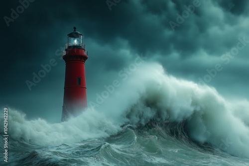 A lighthouse stands tall as massive waves crash around it under a stormy sky photo