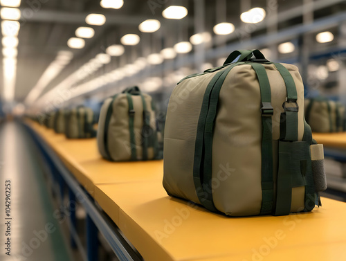 Green and beige bags on a conveyor belt in a warehouse setting. photo