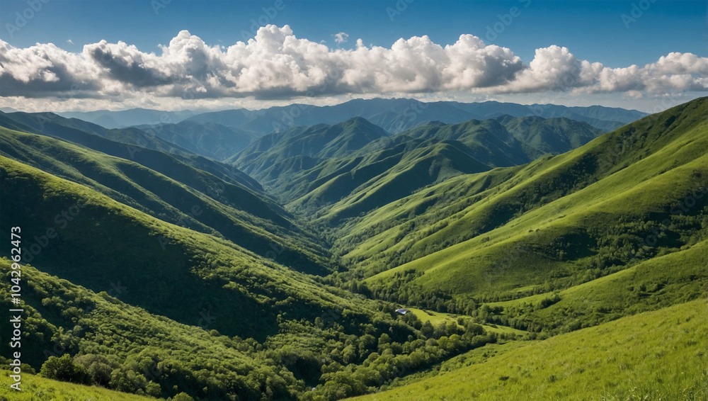 Lush green mountains under a bright blue sky with fluffy white clouds, creating a serene and open landscape. Lush green mountains under a bright blue sky with fluffy white clouds, creating a serene and open landscape.