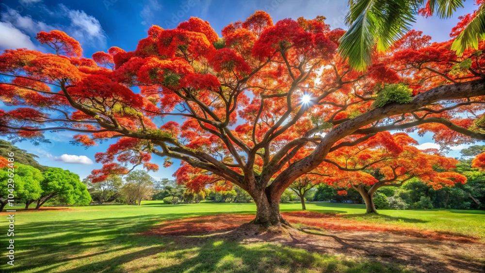 Naklejka premium A Majestic Tree Stands Tall, Casting Long Shadows Across a Vibrant Green Lawn, Its Branches Laden with Vivid Crimson Blooms, Bathed in the Warm Glow of a Sunlit Sky