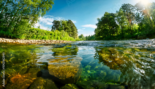 Gorgeous, bright and beautiful stream of river water, the surface and underwater of the river