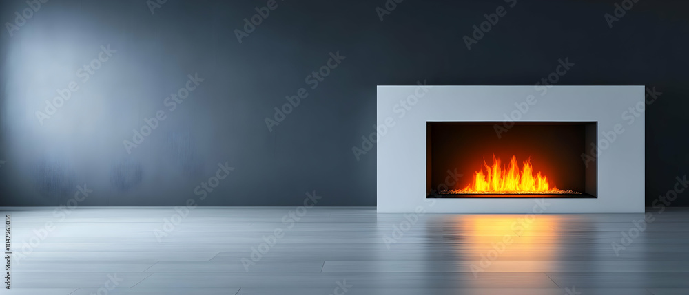 Modern fireplace with flames against a sleek dark wall, creating a cozy and inviting atmosphere. Modern fireplace with flames against a sleek dark wall, creating a cozy and inviting atmosphere.