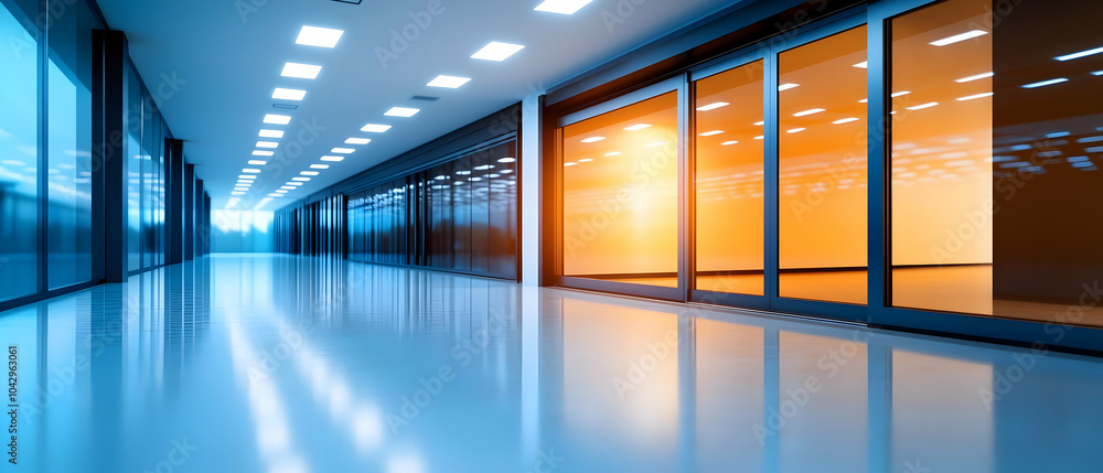 Modern hallway with large windows and polished floors, illuminated by natural light. Modern hallway with large windows and polished floors, illuminated by natural light.