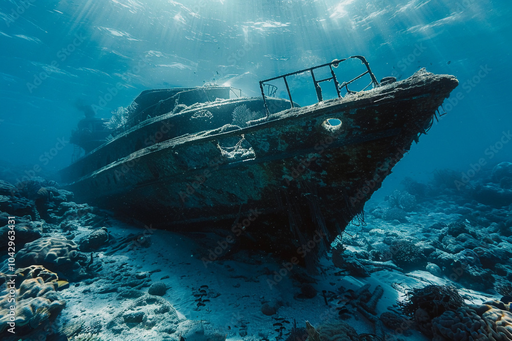 Fototapeta premium Underwater view of an sunken ship on seabed with fish swimming around