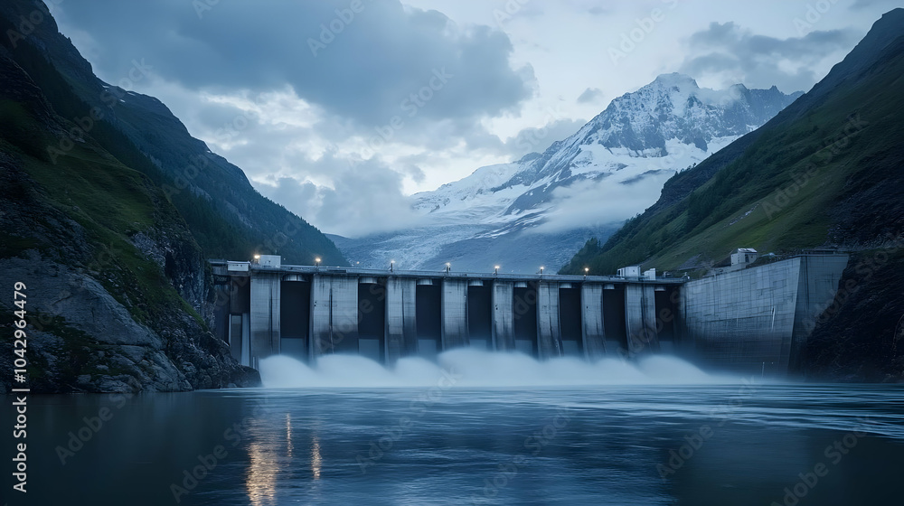 A stunning view of a dam surrounded by mountains under a cloudy sky, showcasing the beauty of nature and human engineering. A stunning view of a dam surrounded by mountains under a cloudy sky, showcasing the beauty of nature and human engineering.