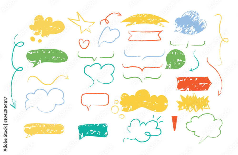 Colorful and Whimsical Handdrawn Crayon Speech Bubbles Accompanied by Arrows in Various Designs Colorful and Whimsical Handdrawn Crayon Speech Bubbles Accompanied by Arrows in Various Designs