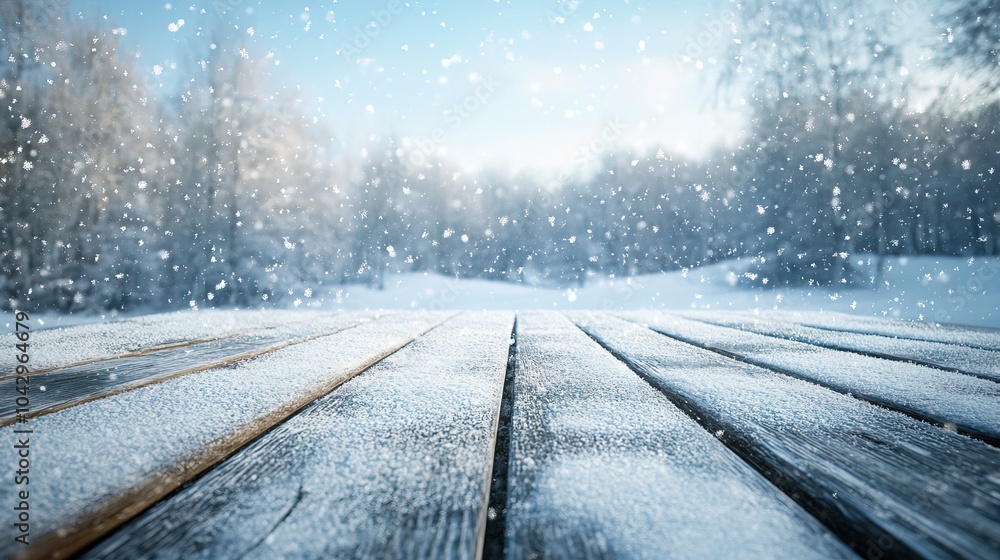 Fototapeta premium The Snow-Covered Wooden Deck
