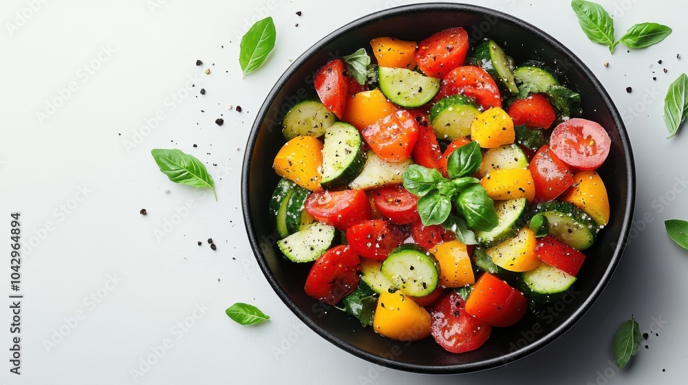 Illustration of a roasted vegetable salad in a black bowl, bright white background, zucchini and bell peppers, warm tones, dynamic top view. Illustration of a roasted vegetable salad in a black bowl, bright white background, zucchini and bell peppers, warm tones, dynamic top view.