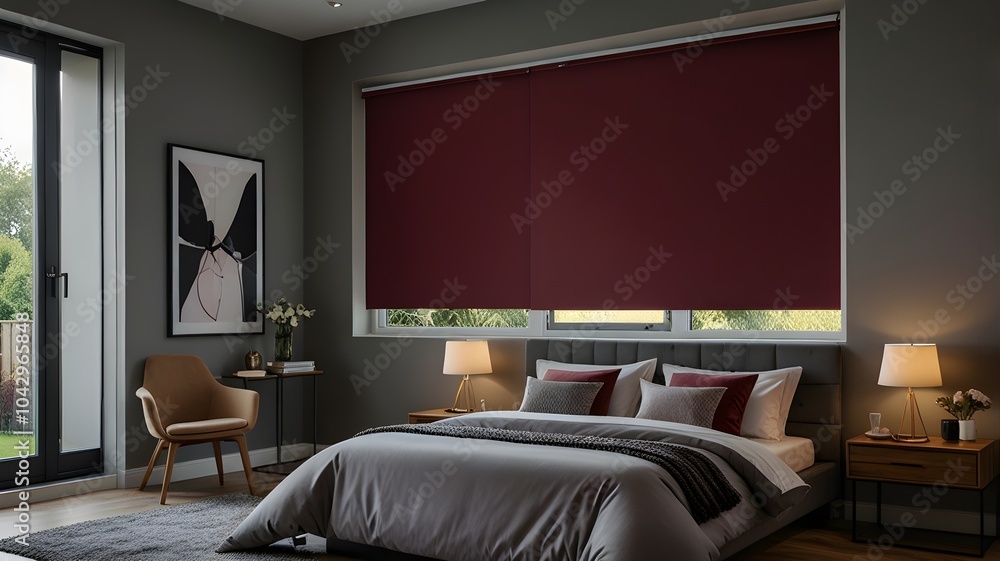 Burgundy blackout roller blind on windows in stylish modern badroom. Shutters on the plastic window. Burgundy blackout roller blind on windows in stylish modern badroom. Shutters on the plastic window.