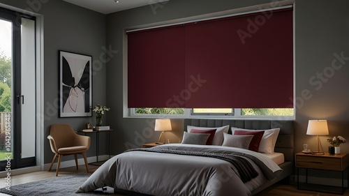 Burgundy blackout roller blind on windows in stylish modern badroom. Shutters on the plastic window.