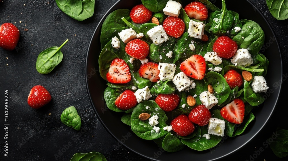 Illustration of a spinach and strawberry salad in a black bowl, bright background, feta cheese and almonds, refreshing and vibrant, overhead composition. Illustration of a spinach and strawberry salad in a black bowl, bright background, feta cheese and almonds, refreshing and vibrant, overhead composition.