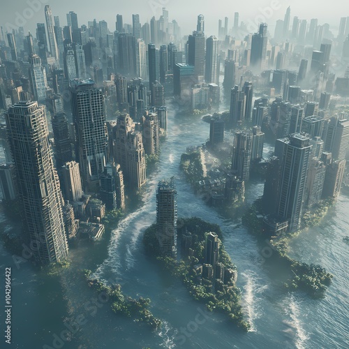 A dystopian cityscape nature reclaims a flooded urban landscape with towering skyscrapers surrounded by water and greenery photo