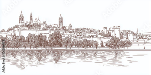 a 1 color line drawing in the minimalism style of the skyline of Avignon france