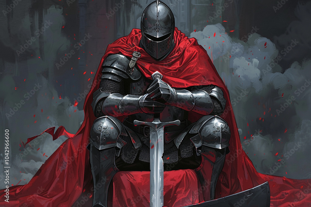 Naklejka premium Fantastic royal knight in iron armor guards castle chambers