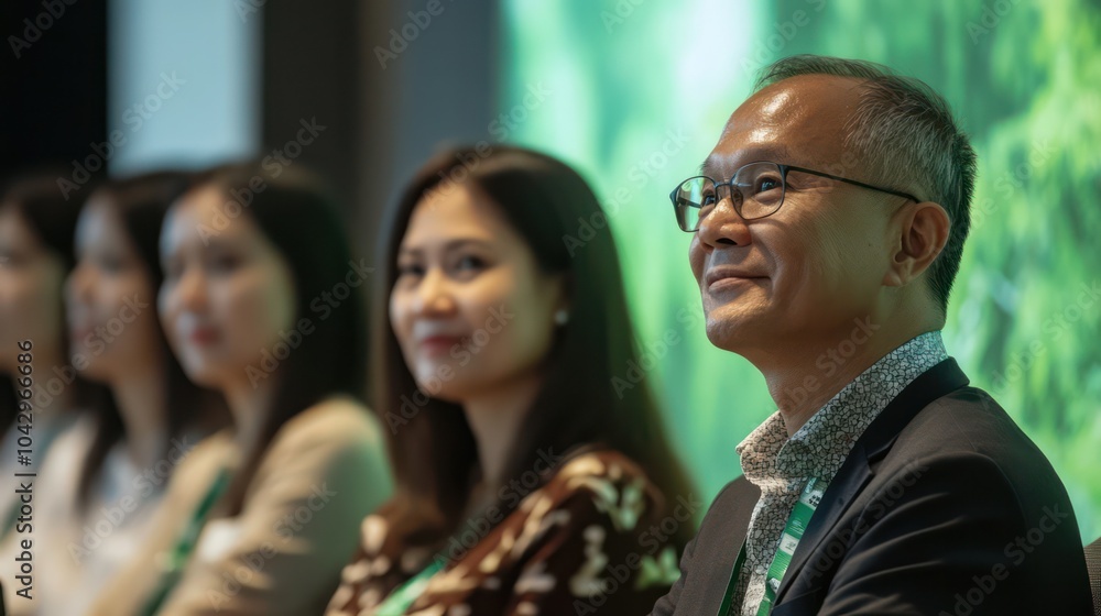 A diverse audience of professionals engaging in a discussion on global deforestation trends, guided by an Asian expert promoting sustainability. A diverse audience of professionals engaging in a discussion on global deforestation trends, guided by an Asian expert promoting sustainability.