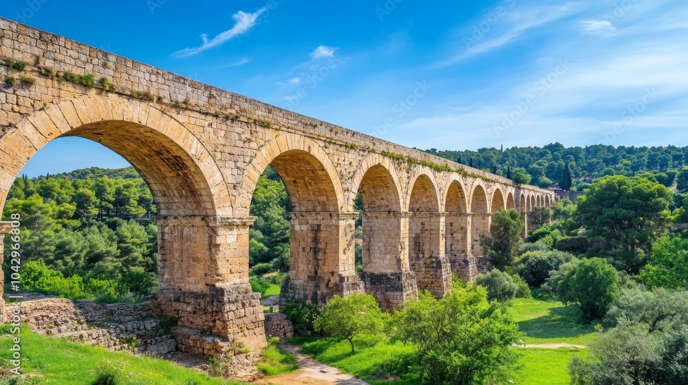 Ancient stone aqueduct with multiple arches spans a valley with lush green trees and blue sky. Ancient stone aqueduct with multiple arches spans a valley with lush green trees and blue sky.