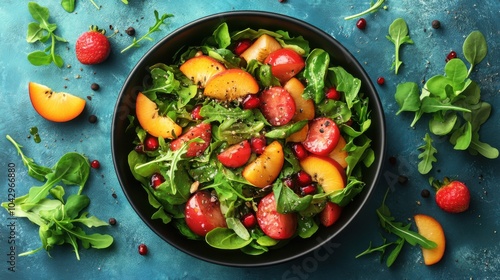 Illustration of a summer salad with fruits and veggies in a black bowl, bright background, peaches and arugula, light and cheerful, neat presentation.