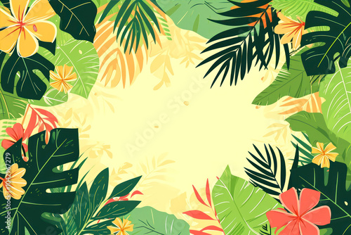 Tropical Summer Gathering With Vibrant Flora and Hand-Drawn Leaves in a Sunny Atmosphere