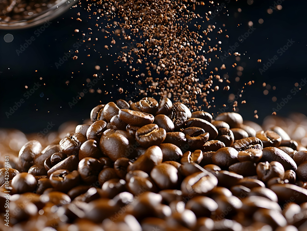 Close-up of coffee beans with ground coffee cascading, showcasing rich textures and colors. Close-up of coffee beans with ground coffee cascading, showcasing rich textures and colors.