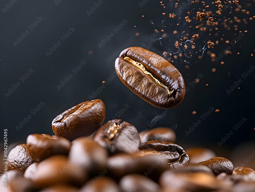 Close-up of floating coffee beans with a dark background, showcasing the rich texture and aroma of freshly roasted coffee. Close-up of floating coffee beans with a dark background, showcasing the rich texture and aroma of freshly roasted coffee.