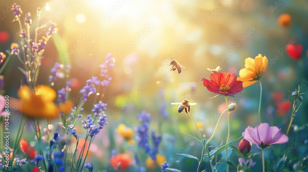 Colorful wildflowers with bees buzzing in a sunlit meadow setting Colorful wildflowers with bees buzzing in a sunlit meadow setting