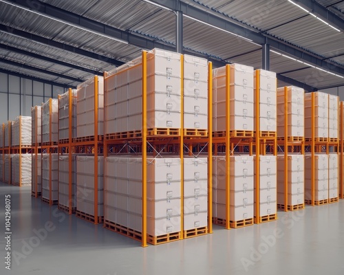 Warehouse interior with organized storage racks and pallets on a concrete floor.