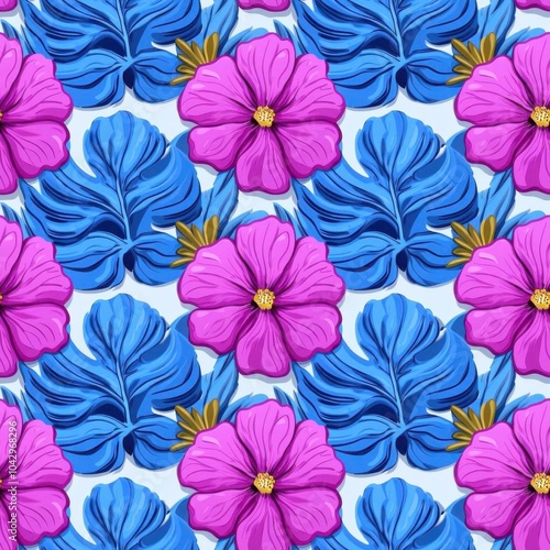 A seamless pattern with hibiscus flowers and palm fronds in a tropical paradise theme, seamless Pattern