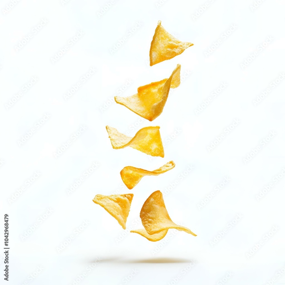 Fototapeta premium Floating crispy potato chips isolated on white.