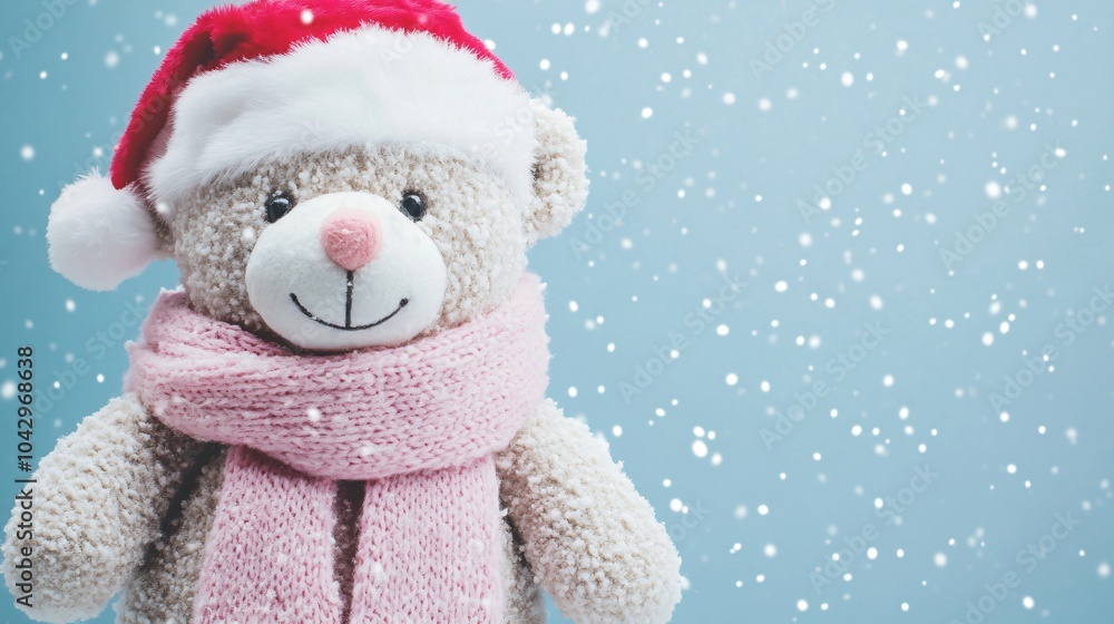 Cute Teddy Bear in Santa Hat and Scarf with Snow Falling Cute Teddy Bear in Santa Hat and Scarf with Snow Falling