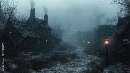 Foggy village scene with old houses and dim street lamps.