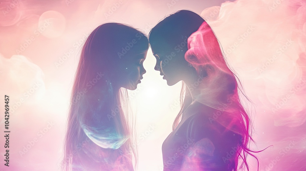 Two girls silhouettes pastel colors of pink dreamy and magical vibe Two girls silhouettes pastel colors of pink dreamy and magical vibe