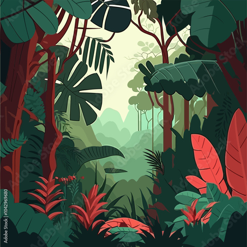 A lively depiction of a lush tropical forest, filled with dense greenery and bathed in soft, warm sunlight, perfect for nature-inspired or travel-related designs.
