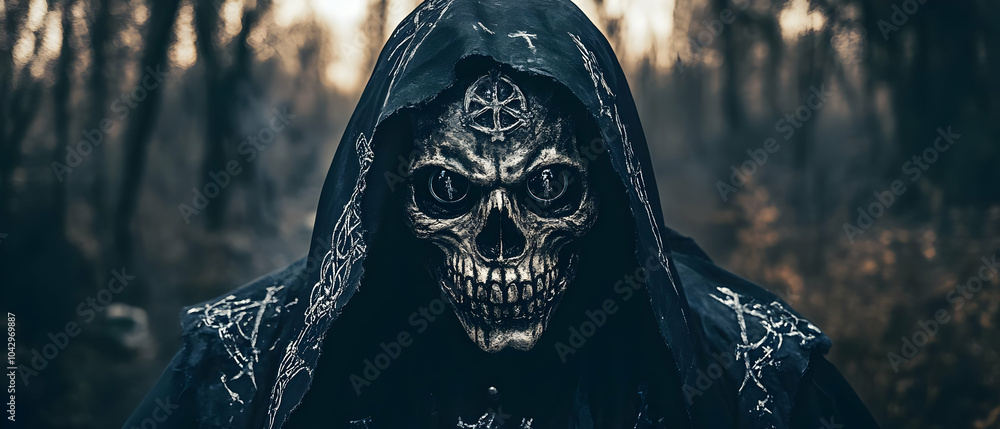 A haunting figure in a hooded cloak with a skull mask, set against a shadowy forest backdrop.