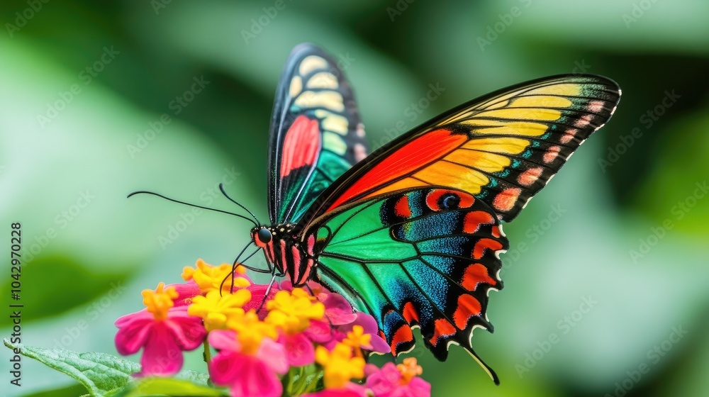 A colorful butterfly resting on a flower, its intricate wings captured in stunning detail, symbolizing beauty and transformation A colorful butterfly resting on a flower, its intricate wings captured in stunning detail, symbolizing beauty and transformation