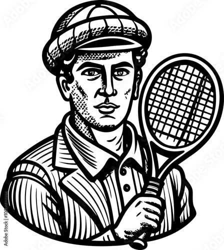Vintage Tennis Player Illustration in Black and White Engraving Style