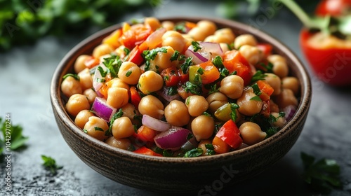 Mediterranean chickpea salad, white background, red onion and bell peppers, bright contrasts, top-down perspective.