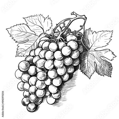 A realistic ink sketch of a bunch of grapes with leaves, showcasing detailed shading and texture, suitable for food and wine-themed artworks.