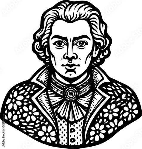 Vintage Gentleman Illustration in Floral Attire Black and White Portrait Vector Art