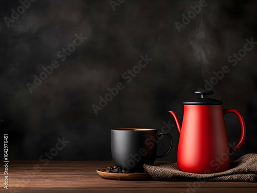 A steaming red kettle with a black mug, showcasing a cozy coffee scene against a dark background. photo