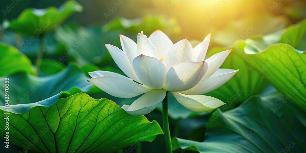 Obraz premium Elegant white lotus blossom with lush green leaves in soft light reflected