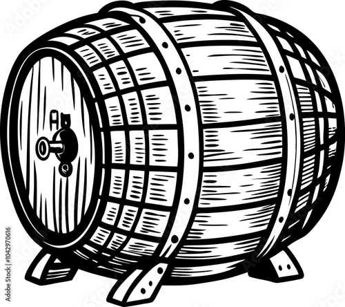Rustic Wooden Barrel Vintage Vector Illustration for Distilleries and Wineries