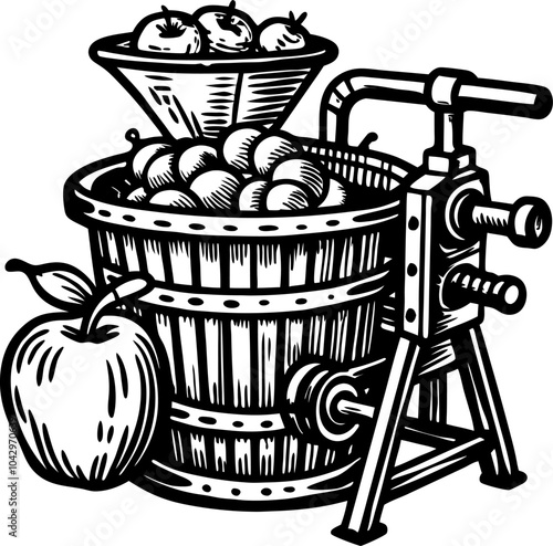 Vintage Apple Press Illustration with Apples and Juicer in Woodcut Style