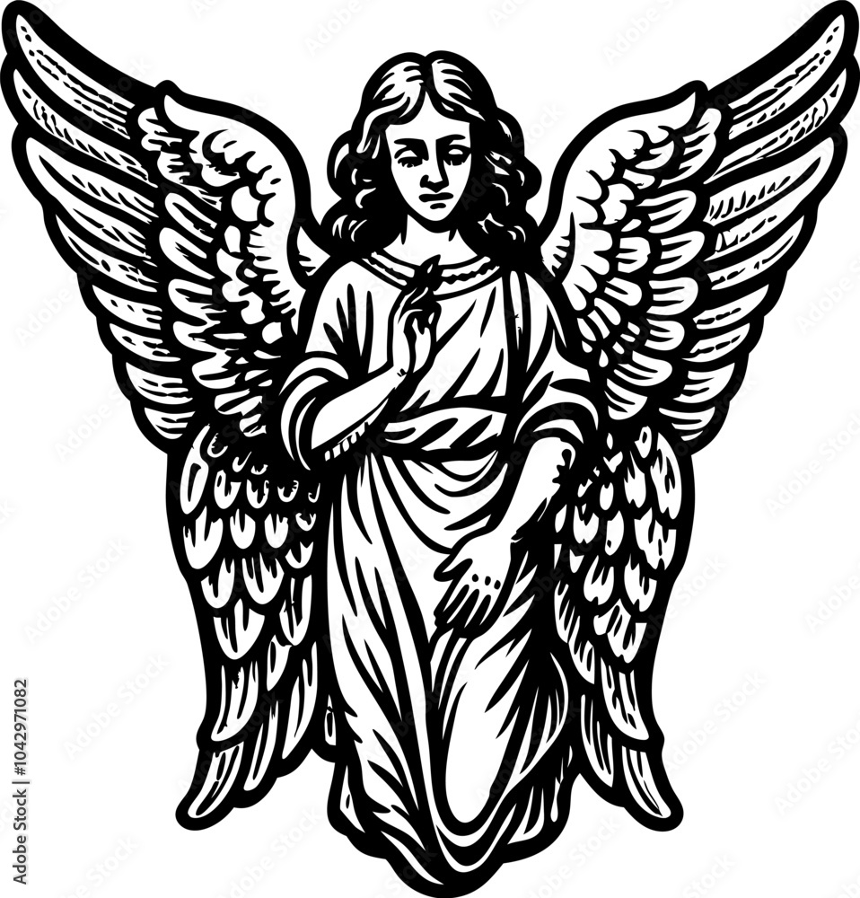 Obraz premium Intricate Black and White Angel Illustration with Outstretched Wings