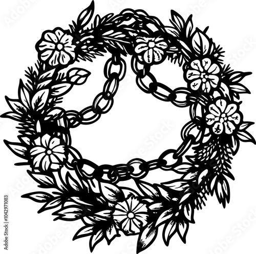 Floral Wreath and Chain Vector Illustration Nature and Metal Elements in Harmony