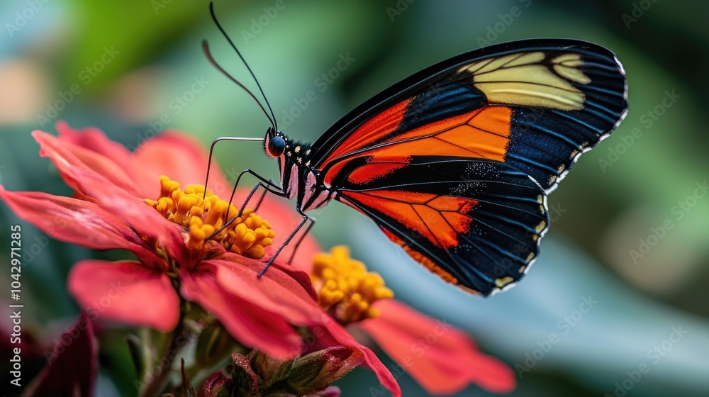 Detailed close-up of a vibrant butterfly on a flower, its wings symbolizing natural beauty and the transformation of life Detailed close-up of a vibrant butterfly on a flower, its wings symbolizing natural beauty and the transformation of life