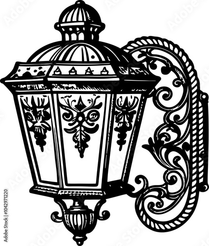 Vintage Ornate Wall Lantern Classic Black and White Vector Illustration